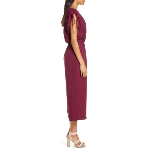 NWT Gal Meets Glam Luella Ruched Shoulder Crop Wide Leg Jumpsuit Oxblood Red - Picture 2 of 11